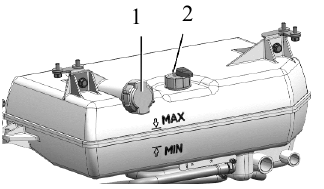 Расширительный бачок: крышка 1, датчик 2 и метки MIN/MAX