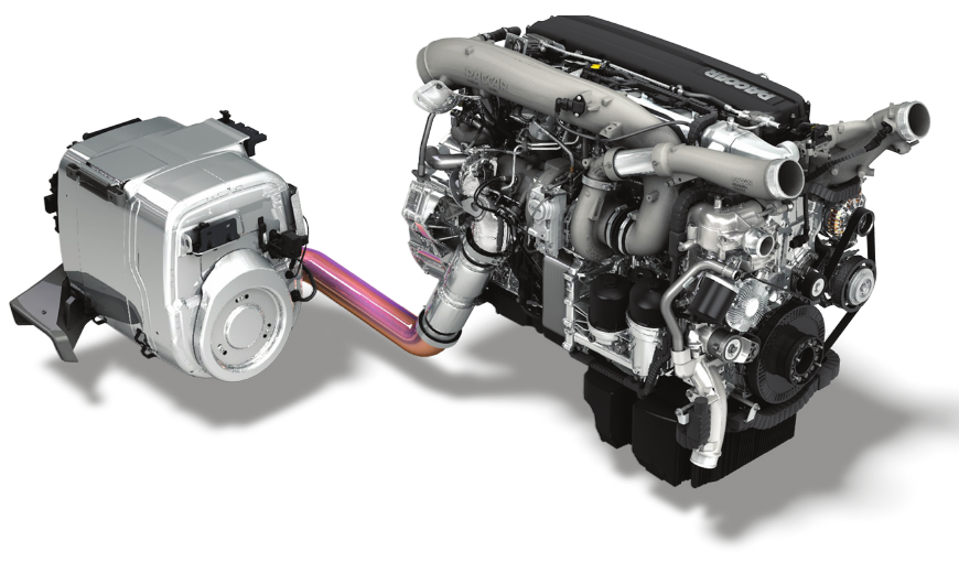 DAF, Emission Aftertreatment System, new CF/XF series, 69637, стр. 1: двигатель и система обработки выхлопа. Справочный рисунок соответствующего поколения, не фото ремонтируемой машины.